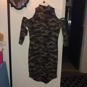 Mock neck, cold shoulder army fatigue midi dress